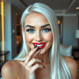 A close-up portrait of a stunning young woman looking directly at the camera with a charming smile, her fingers playfully touching her mouth in a modern luxury hotel room
