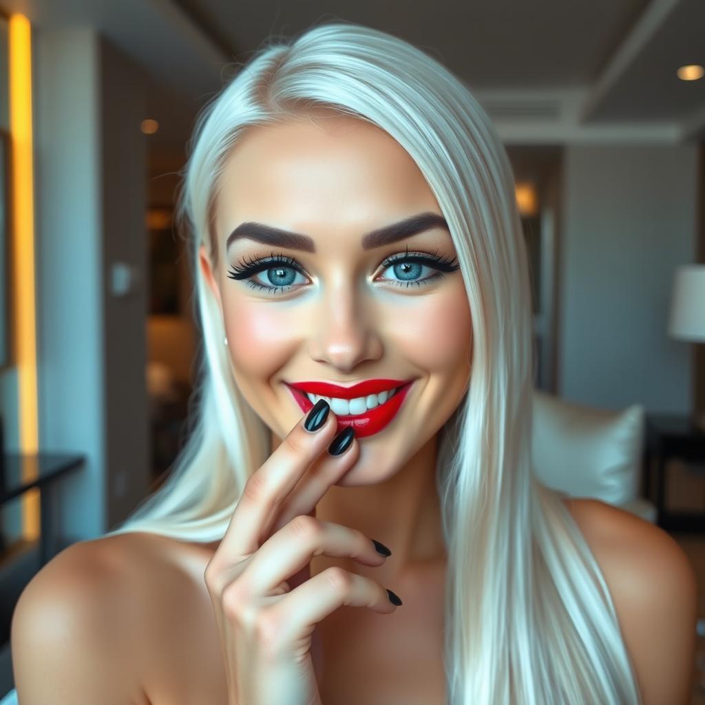 A close-up portrait of a stunning young woman looking directly at the camera with a charming smile, her fingers playfully touching her mouth in a modern luxury hotel room