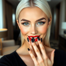 A close-up portrait of a stunning young woman looking directly at the camera with a charming smile, her fingers playfully touching her mouth in a modern luxury hotel room