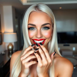 A close-up portrait of a stunning young woman looking directly at the camera and laughing joyfully, with her fingers playfully touching her mouth in a modern luxury hotel room