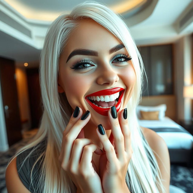 A close-up portrait of a stunning young woman looking directly at the camera and laughing joyfully, with her fingers playfully touching her mouth in a modern luxury hotel room