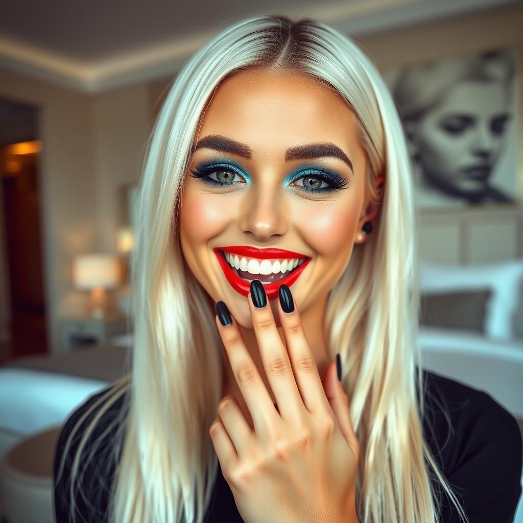 A close-up portrait of a stunning young woman looking directly at the camera and laughing joyfully, with her fingers playfully touching her mouth in a modern luxury hotel room