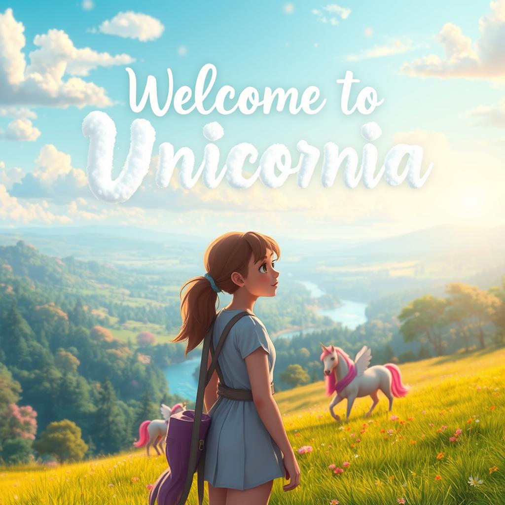A wide, scenic view of a magical land named 'Unicornia', showcasing an enchanting environment