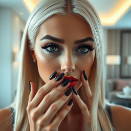 A close-up portrait of a stunning young woman sadly looking directly at the camera with her fingers playfully touching her mouth in a modern luxury hotel room