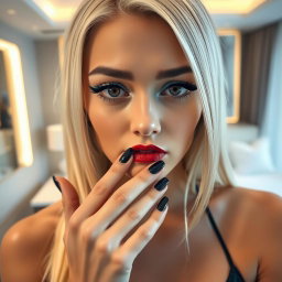 A close-up portrait of a stunning young woman sadly looking directly at the camera with her fingers playfully touching her mouth in a modern luxury hotel room