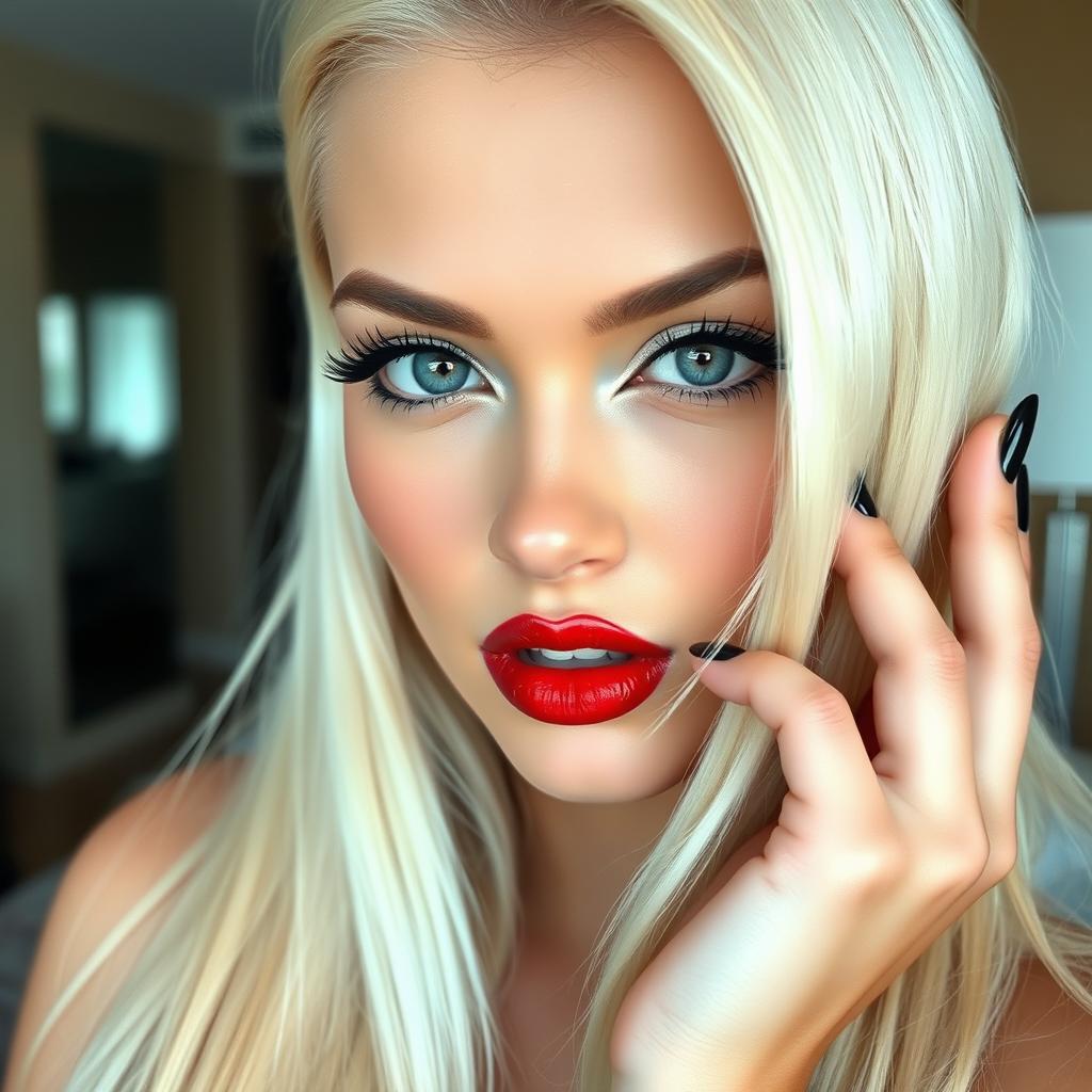 A close-up portrait of a stunning young woman with sleek platinum blond long hair flowing elegantly