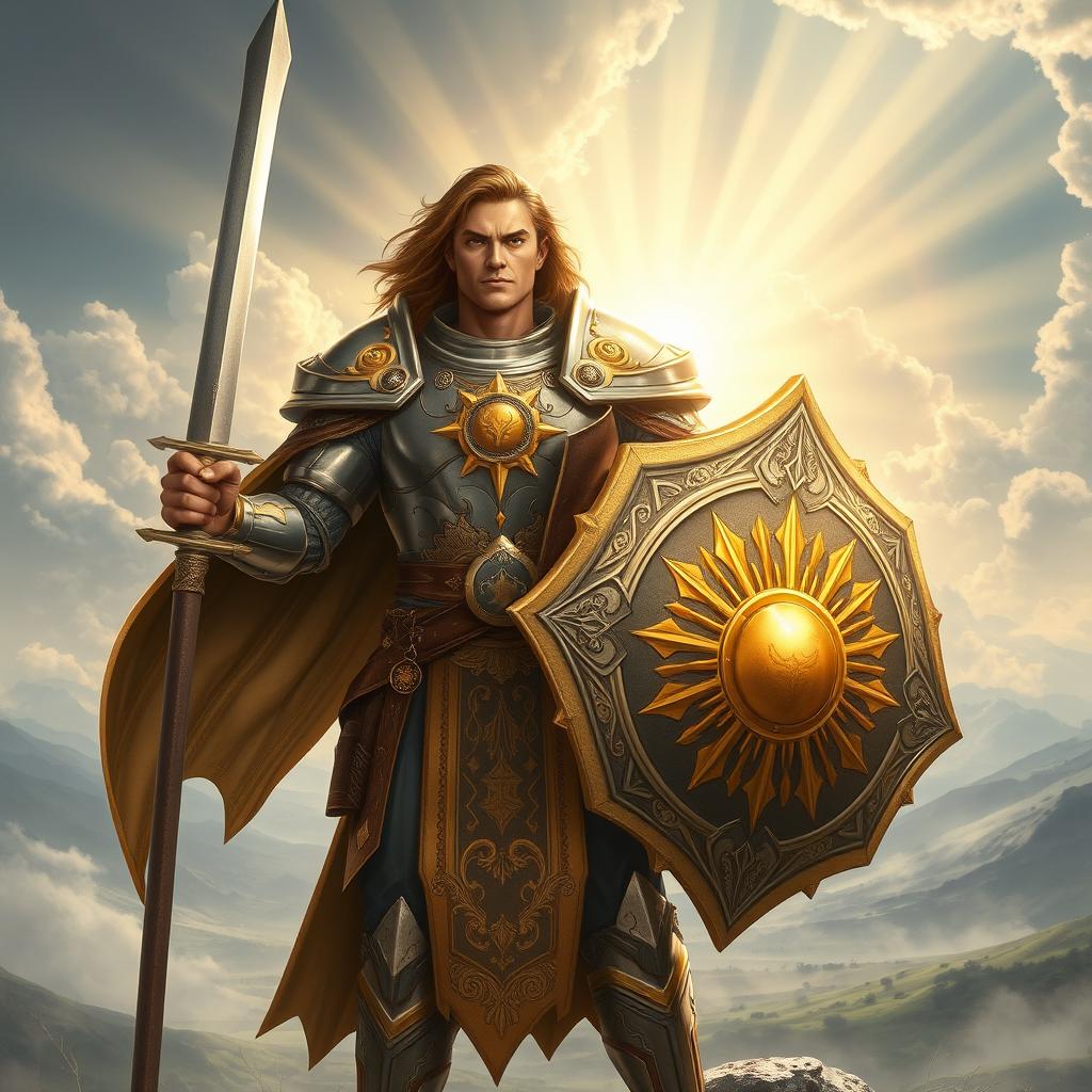 A male human cleric of Iomedae, standing tall and proud, adorned in intricately designed silver and gold armor reflecting divine light