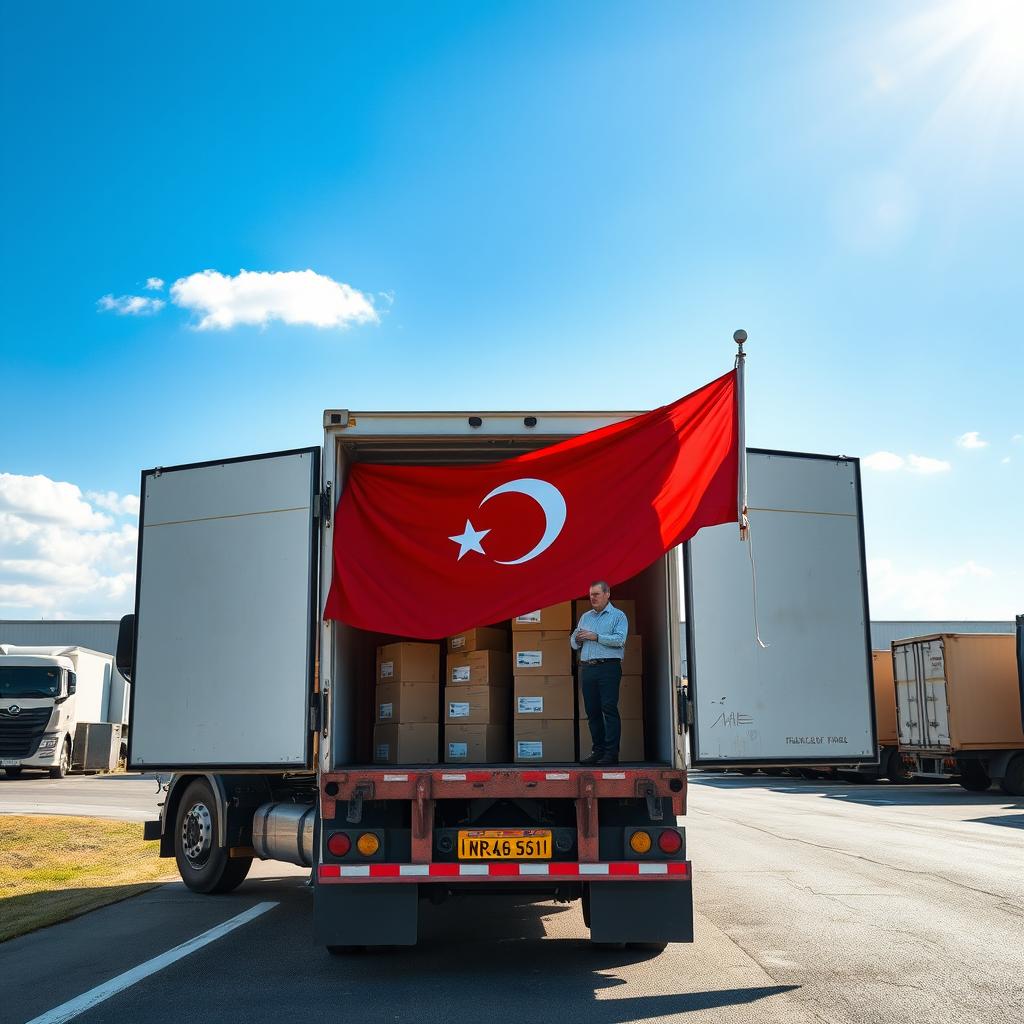A realistic daytime scene featuring a transport truck with its back box open