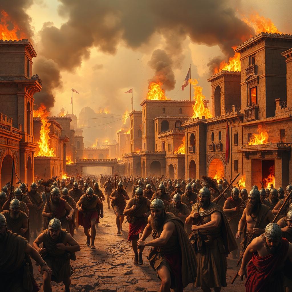 A vivid and devastating scene depicting an Assyrian army sacking a Media city
