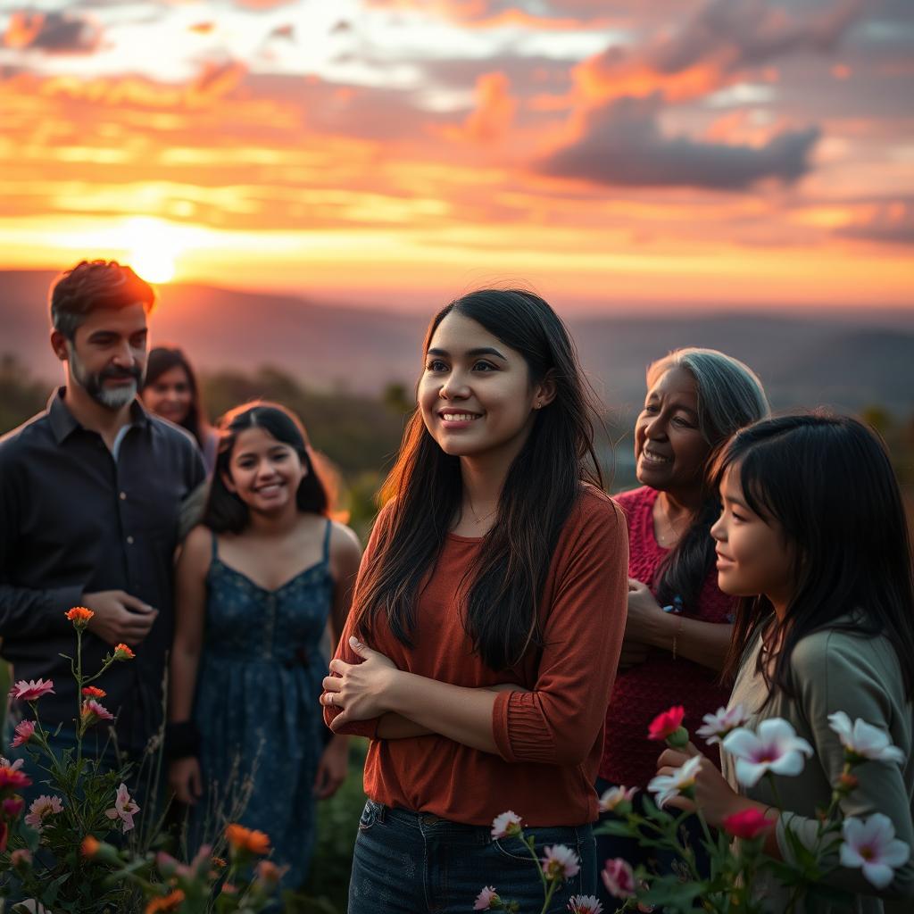 A poignant and heartwarming scene depicting Sienna, a young woman in a picturesque landscape, surrounded by her supportive family and close-knit community