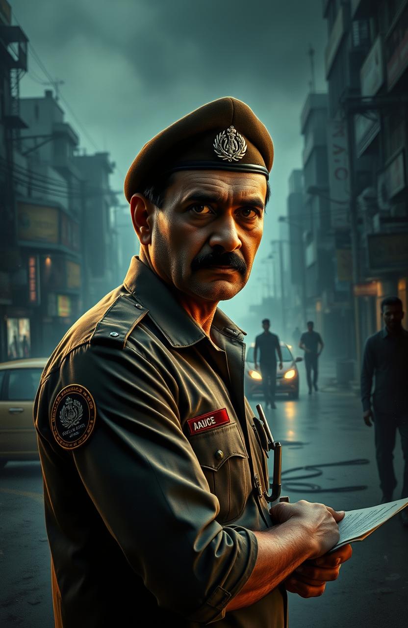 A dramatic scene depicting a seasoned police officer, Rajeev, aged 44, amid the backdrop of a bustling yet desolate Mumbai during the second wave of the Corona lockdown