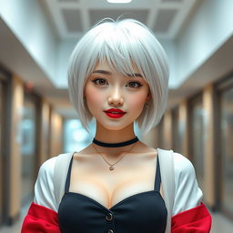 A full body portrait of a stunning Korean girl with white skin and short white hair, showcasing a sharp jawline and a serious yet captivating expression