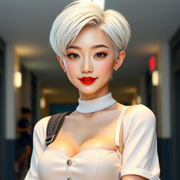 A full body portrait of a stunning Korean girl with white skin and short white hair, showcasing a sharp jawline and a serious yet captivating expression