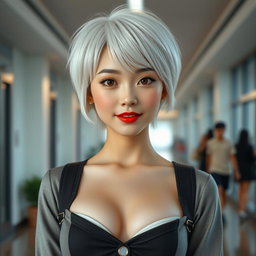 A full body portrait of a stunning Korean girl with white skin and short white hair, showcasing a sharp jawline and a serious yet captivating expression