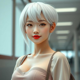 A full body portrait of a stunning Korean girl with white skin and short white hair, showcasing a sharp jawline and a serious yet captivating expression