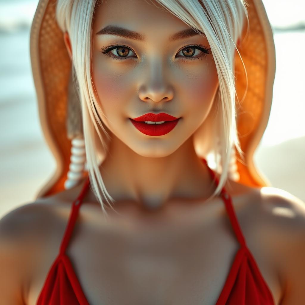 A full body portrait of an alluring Korean girl with porcelain white skin and short white hair, featuring a sharp jawline and a serious yet captivating look