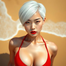 A full body portrait of an attractive Korean girl with porcelain white skin and short white hair, featuring a sharp jawline and a serious look that draws attention