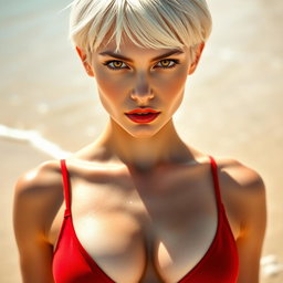 A full body portrait of a beautiful Russian girl with porcelain white skin and short white hair, featuring a sharp jawline and a serious expression that captures attention