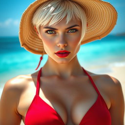 A full body portrait of a beautiful Russian girl with porcelain white skin and short white hair, featuring a sharp jawline and a serious expression that captures attention