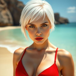 A full body portrait of a strikingly attractive Russian girl with porcelain white skin and short white hair, featuring a sharp jawline and a serious expression that demands attention