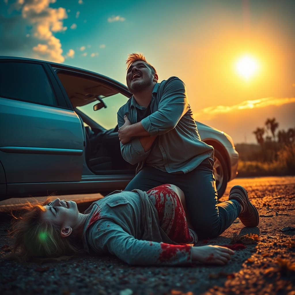 A dramatic scene depicting a man running from his car towards a woman lying on the ground, injured and bloodied