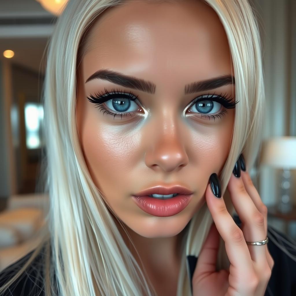 A close-up portrait of a stunning young woman with sleek platinum blond long hair, looking directly at the camera with tears glistening on her cheeks, portraying a deep emotion