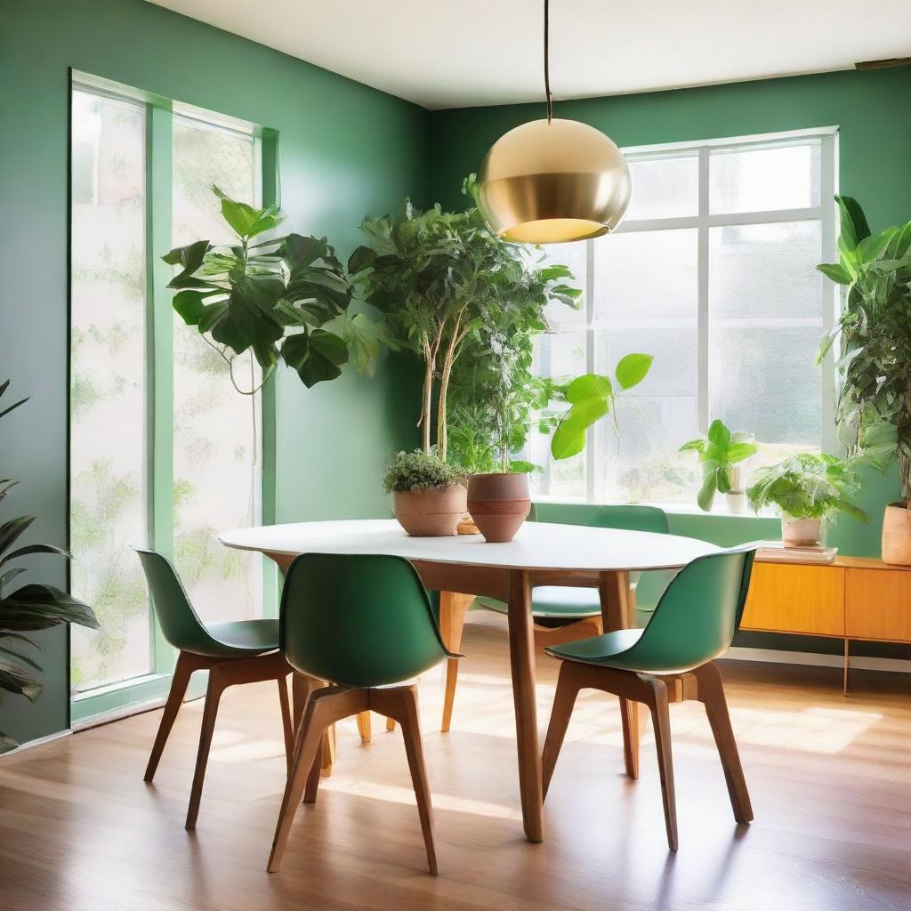 A mid-century modern dining room with colorful minimalist decor, accented by green indoor plants, brass fixtures, and natural lighting.