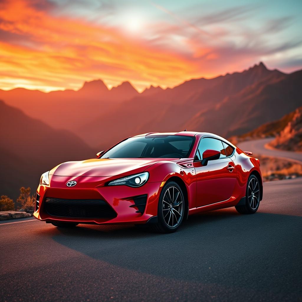 A stunning, dynamic shot of a Toyota GR86 sports car parked on a scenic mountain road