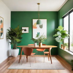 A mid-century modern dining room with colorful minimalist decor, accented by green indoor plants, brass fixtures, and natural lighting.