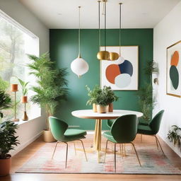 A mid-century modern dining room with colorful minimalist decor, accented by green indoor plants, brass fixtures, and natural lighting.