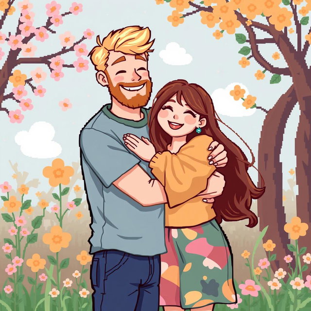 A sweet retro pixel art depiction of a cute couple sharing a warm hug