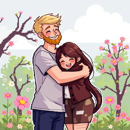 A sweet retro pixel art depiction of a cute couple sharing a warm hug