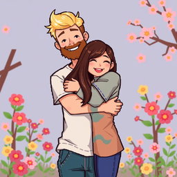A sweet retro pixel art depiction of a cute couple sharing a warm hug
