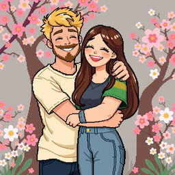 A sweet retro pixel art depiction of a cute couple sharing a warm hug