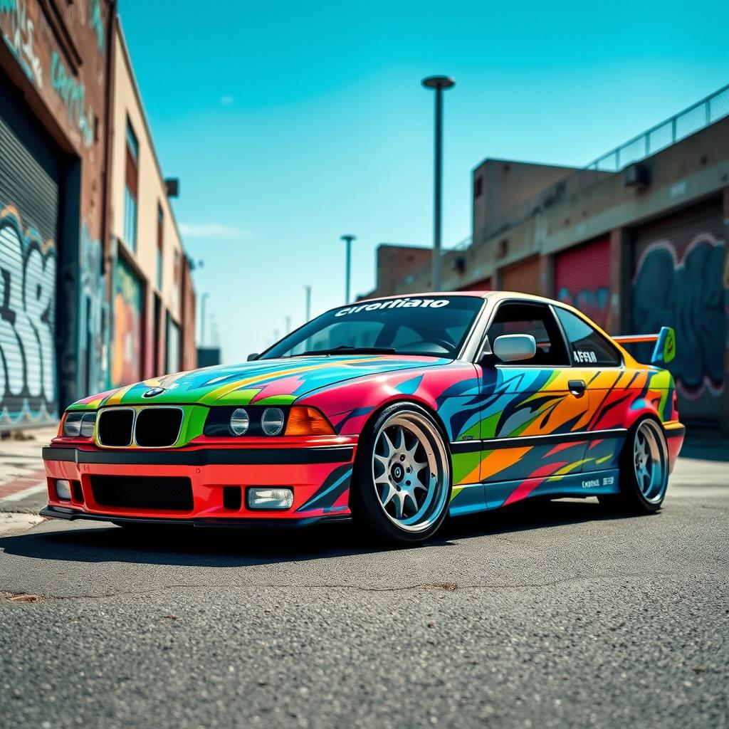 A BMW E36, uniquely styled with vibrant drift vinyl wrap, showcasing bold graphics and colors that emphasize its racing spirit