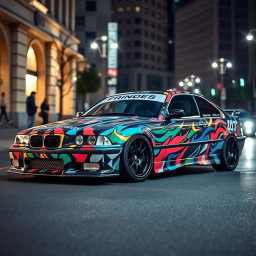 A striking BMW E36 sports car featuring vibrant, eye-catching drift vinyl wraps, showcasing various graphic designs that reflect a dynamic and energetic drift culture