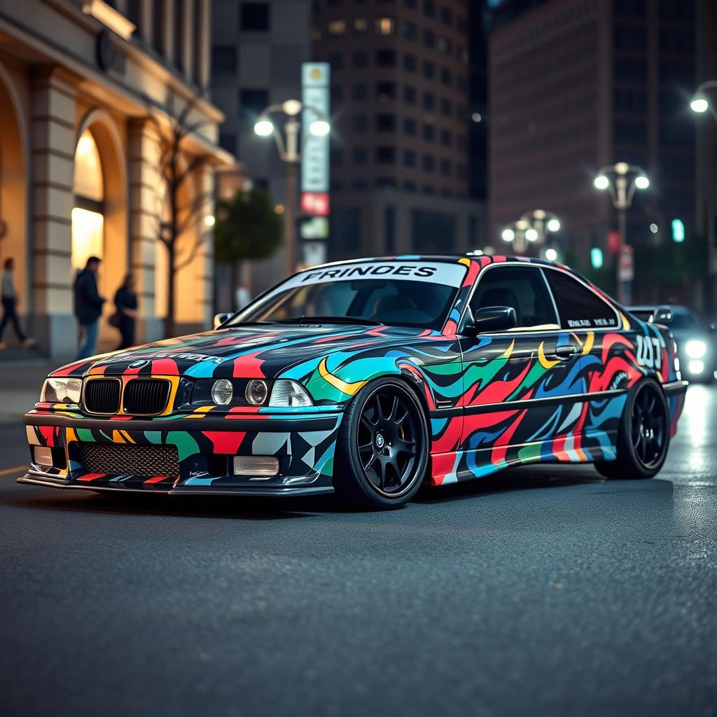 A striking BMW E36 sports car featuring vibrant, eye-catching drift vinyl wraps, showcasing various graphic designs that reflect a dynamic and energetic drift culture