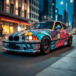 A striking BMW E36 sports car featuring vibrant, eye-catching drift vinyl wraps, showcasing various graphic designs that reflect a dynamic and energetic drift culture