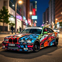 A striking BMW E36 sports car featuring vibrant, eye-catching drift vinyl wraps, showcasing various graphic designs that reflect a dynamic and energetic drift culture
