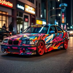 A striking BMW E36 sports car featuring vibrant, eye-catching drift vinyl wraps, showcasing various graphic designs that reflect a dynamic and energetic drift culture