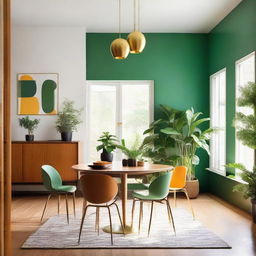 A mid-century modern dining room with colorful minimalist decor, accented by green indoor plants, brass fixtures, and natural lighting.