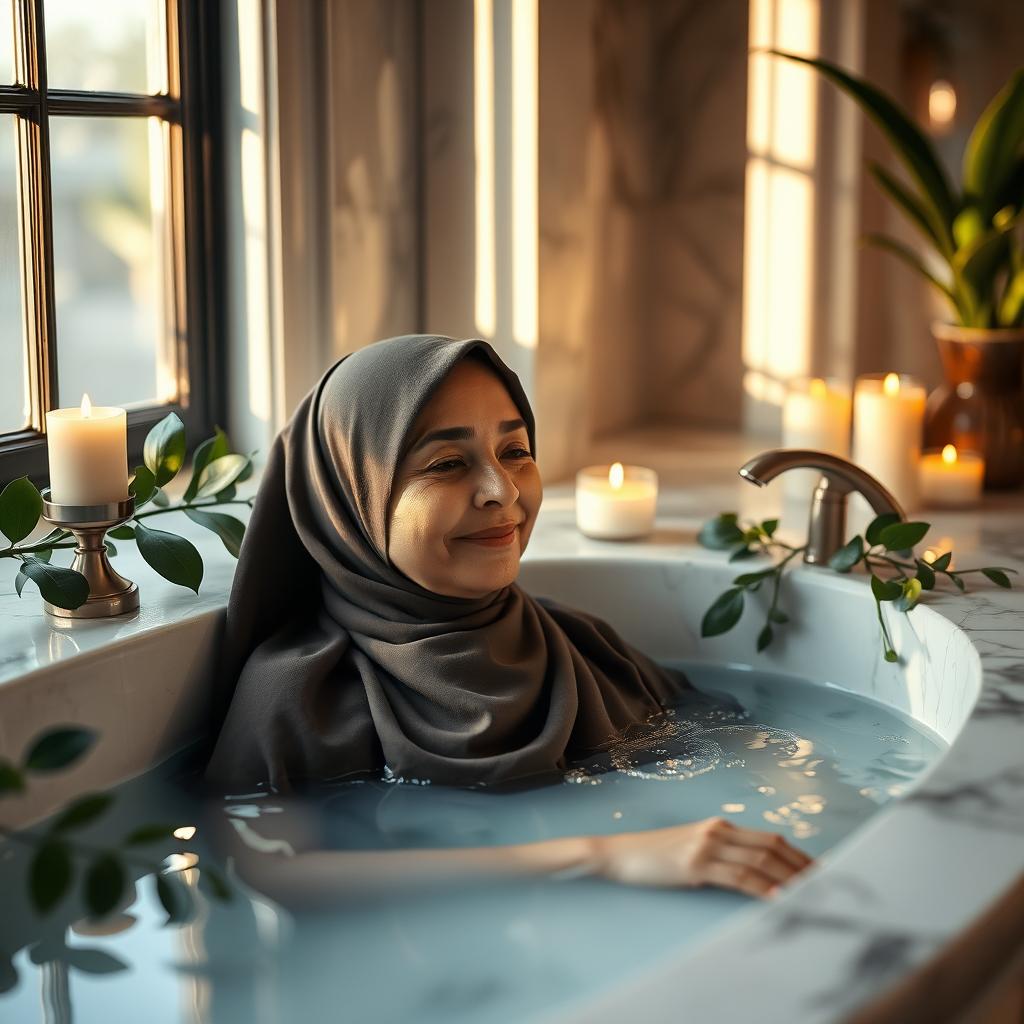 A mature woman wearing a hijab relaxing in her elegantly designed bathtub, surrounded by candles and lush plants