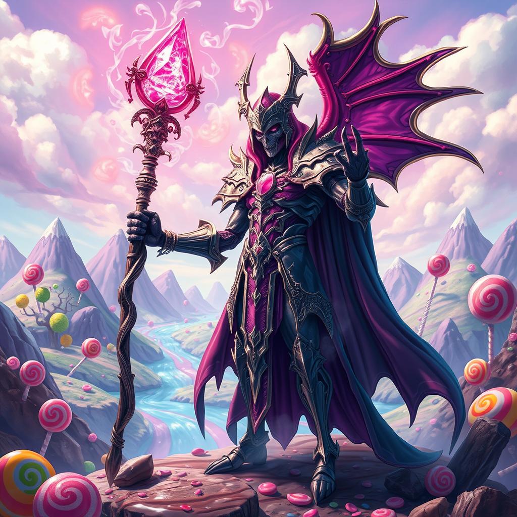 A powerful necromancer in a vibrant and whimsical Candyland, adorned in intricate, shiny armor