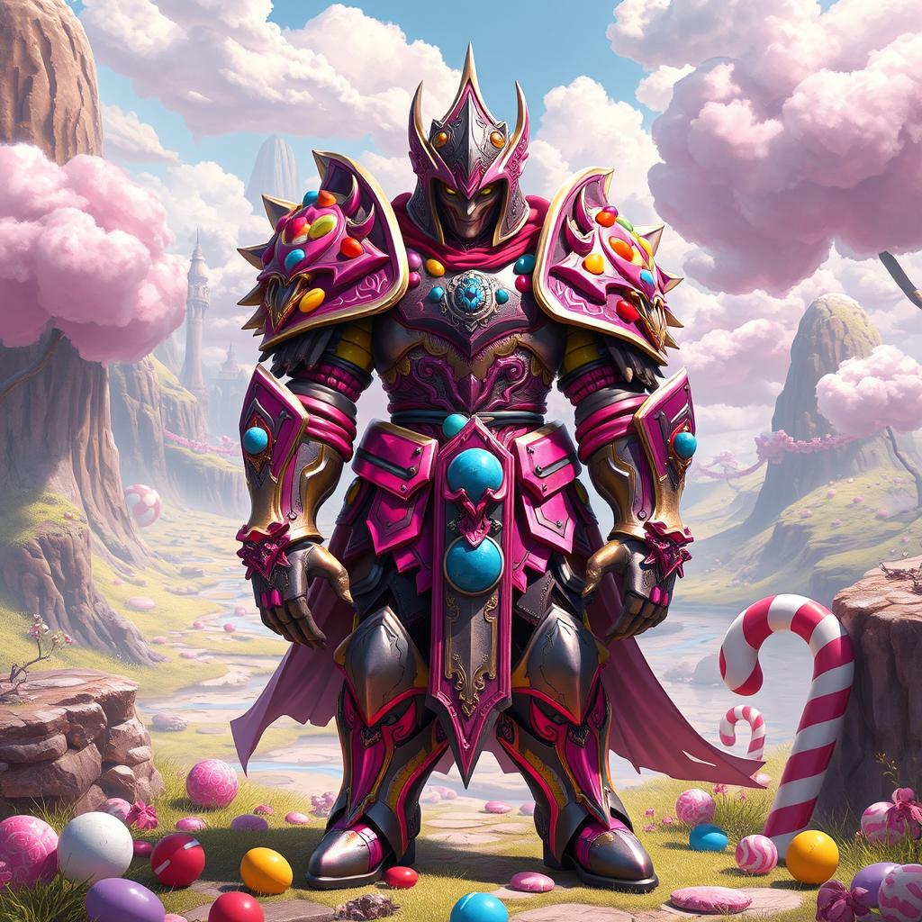 A fantasy art scene featuring a magnificent armored figure inspired by a Candyland theme