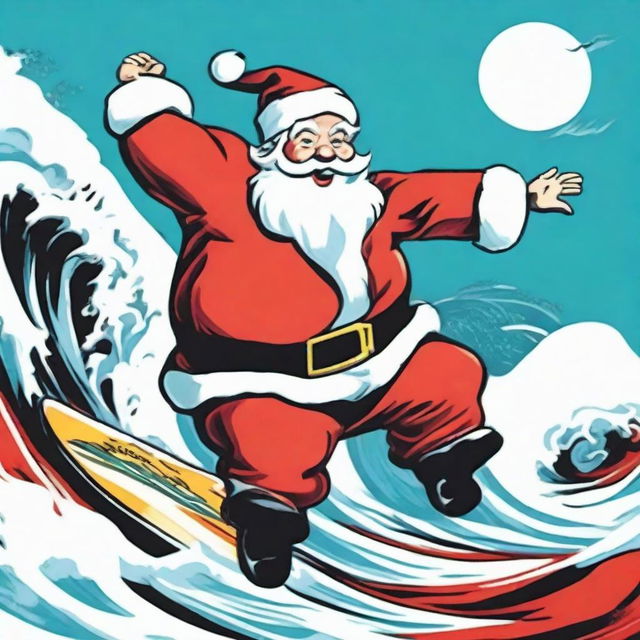 An Andy Warhol-inspired vibrant pop-art depiction of a cartoon Santa Claus gleefully surfing a large wave with his signature red suit and white beard.