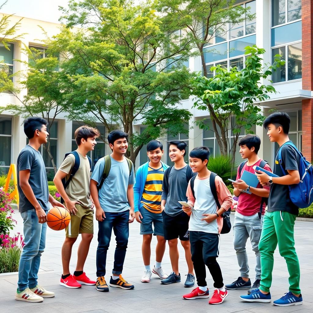 A vibrant and lively school courtyard scene during the day, featuring a group of diverse teenage boys engaging in various activities such as playing basketball, chatting, and studying together