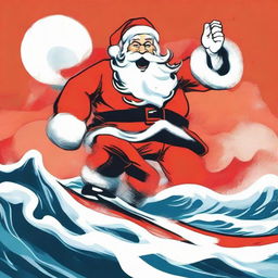 An Andy Warhol-inspired vibrant pop-art depiction of a cartoon Santa Claus gleefully surfing a large wave with his signature red suit and white beard.