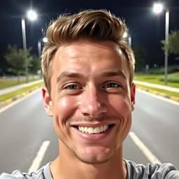 A realistic selfie of a 22-year-old man, smiling confidently, with a clear view of his facial features