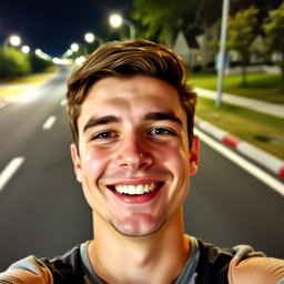 A realistic selfie of a 22-year-old man, smiling confidently, with a clear view of his facial features