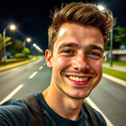 A realistic selfie of a 22-year-old man, smiling confidently, with a clear view of his facial features